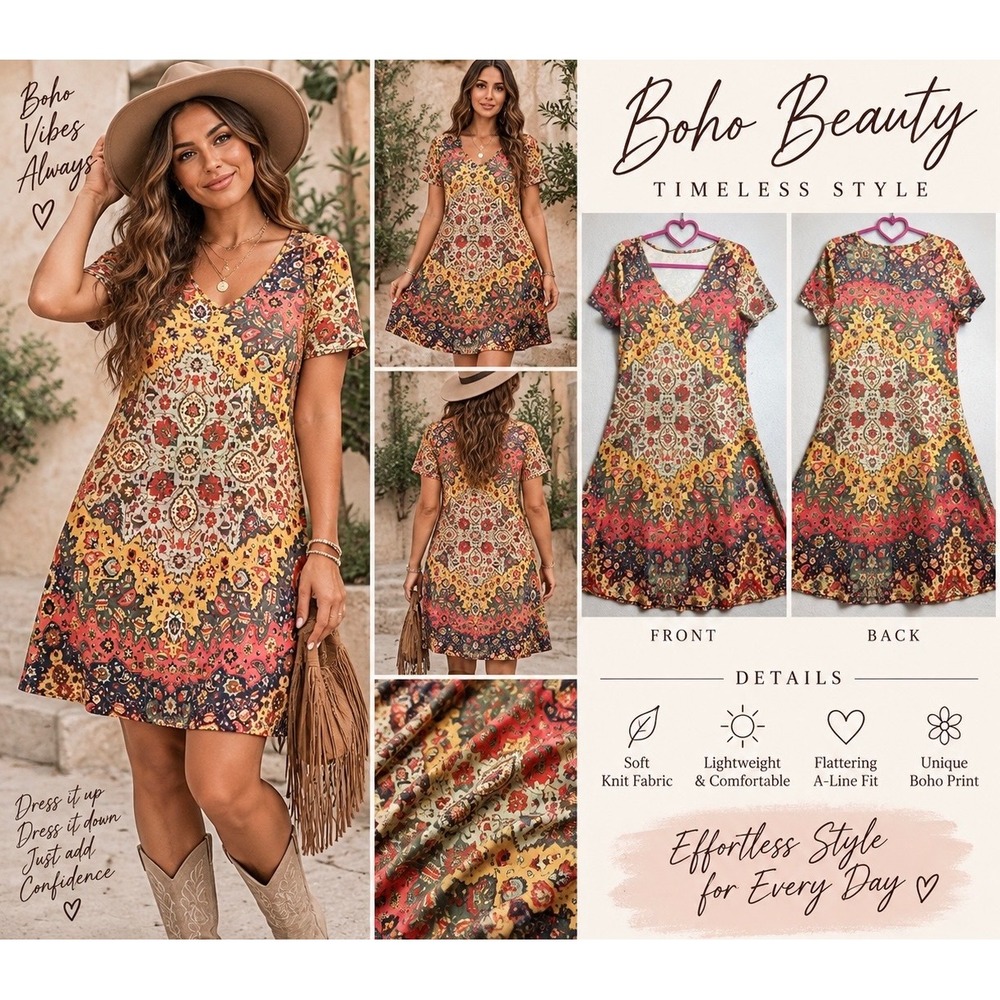 Womens Boho Mandala Floral Tapestry Print V-Neck A-Line Short Sleeve Dress Small